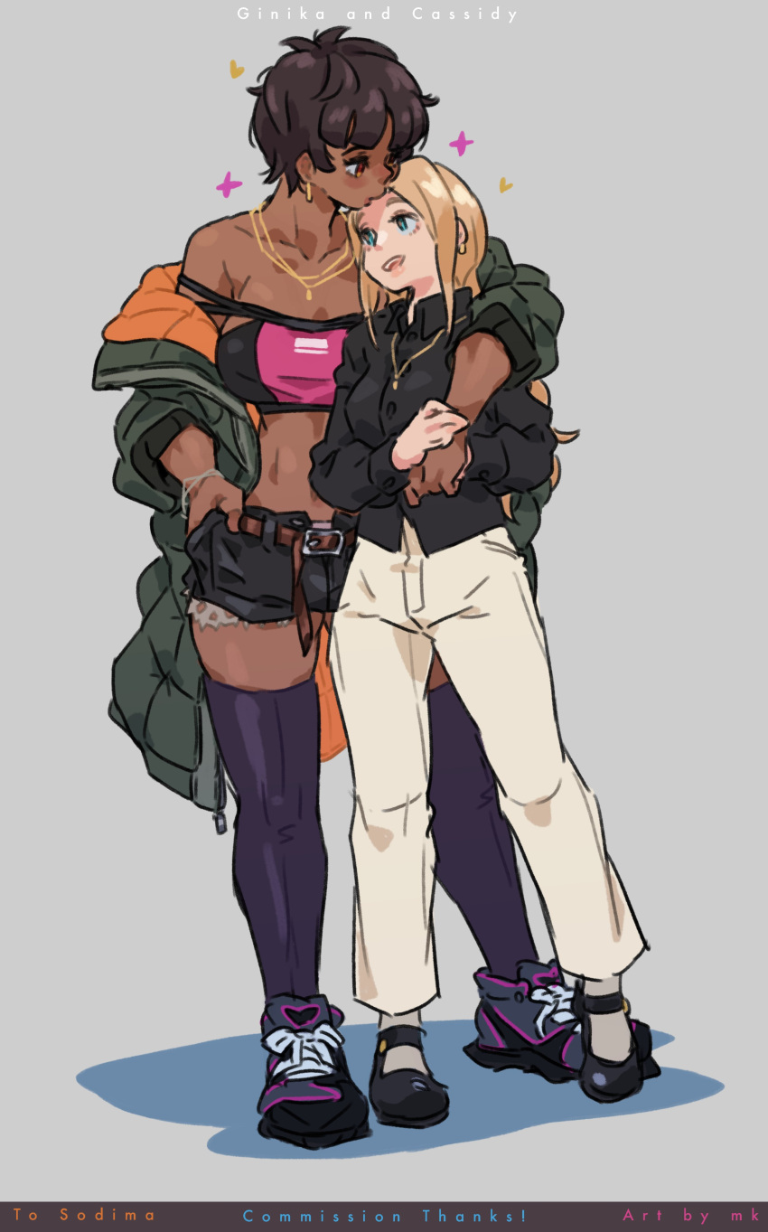 2girls absurdres artist_name black_hair blonde_hair blue_eyes borrowed_character breasts cassidy_(xodima) character_name collarbone couple dark-skinned_female dark_skin earrings full_body ginika_(xodima) grey_background hand_in_pocket highres hug interracial jewelry kissing kissing_forehead large_breasts long_hair mk_(mod0) multiple_girls necklace open_mouth orange_eyes original pants shirt shoes short_hair short_shorts shorts simple_background smile sneakers thighhighs yuri