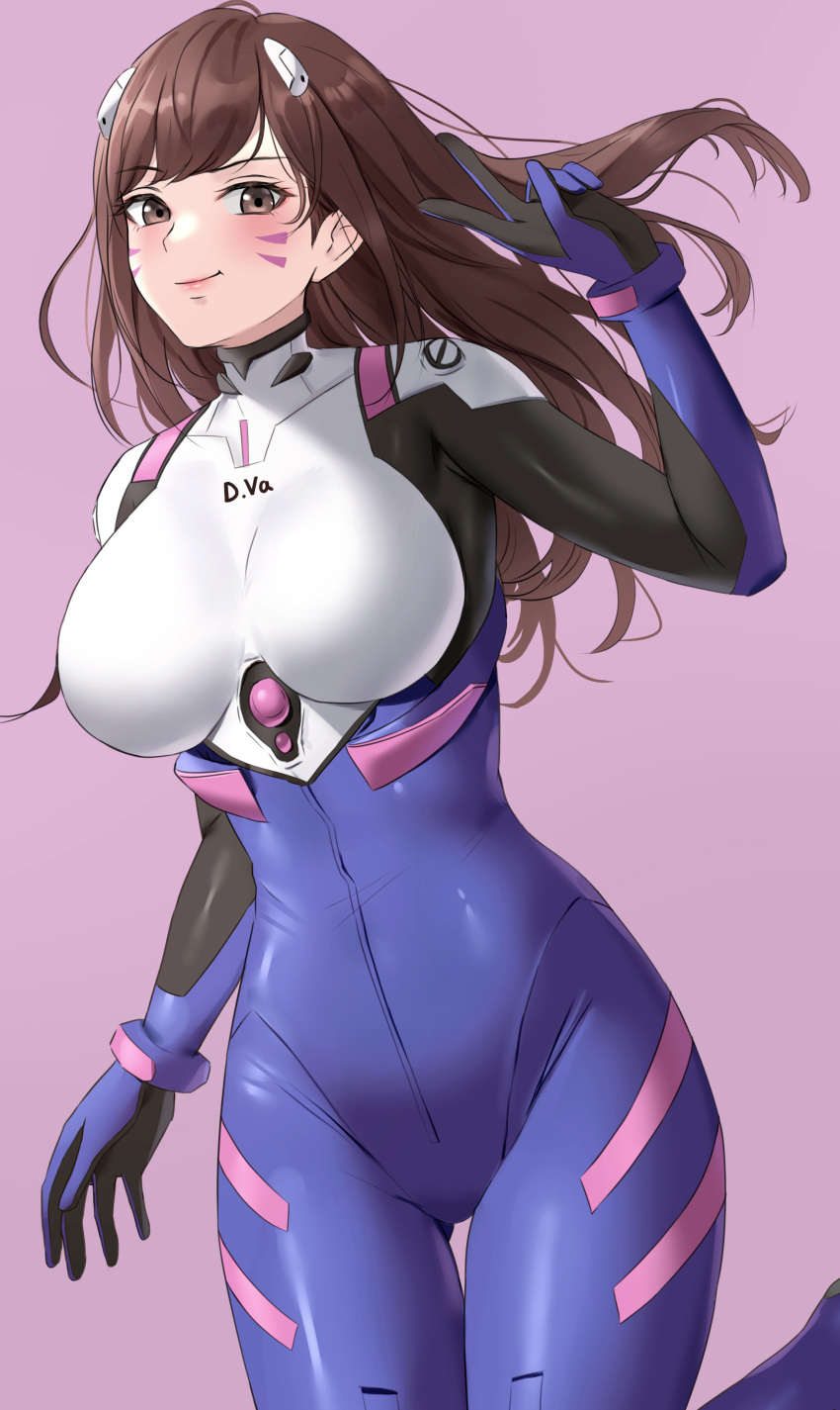 absurdres amayo_thranana animal_print blush bodysuit breasts brown_eyes brown_hair closed_mouth d.va_(overwatch) facepaint facial_mark female headphones highres large_breasts long_hair looking_at_viewer mecha_pilot_suit medium_breasts overwatch pink_background plugsuit simple_background skin_tight smile solo standing v whisker_markings