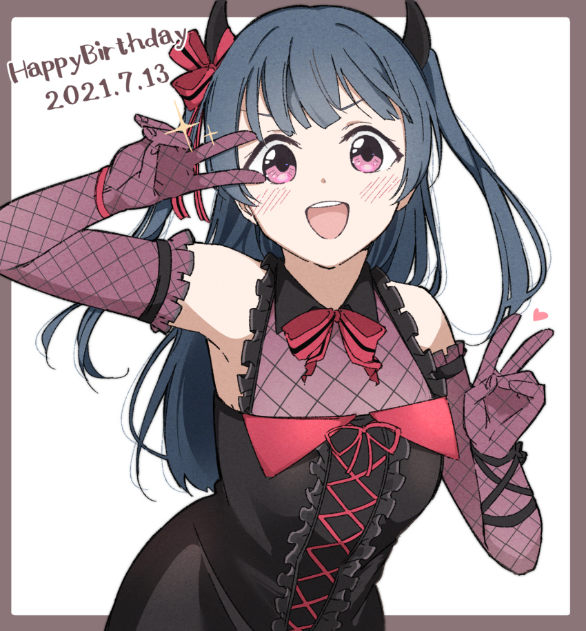 :d armpits blue_hair blush border brown_border center_frills dark_blue_hair dated demon_horns double_v dress elbow_gloves fake_horns female fishnet_gloves fishnets frilled_dress frilled_gloves frills gloves happy_birthday highres horns liz_(piyoko_piyop) long_hair looking_at_viewer love_live! love_live!_school_idol_festival_all_stars love_live!_sunshine!! official_alternate_costume open_mouth pink_eyes simple_background sleeveless sleeveless_dress smile solo teeth tsushima_yoshiko tsushima_yoshiko_(what_do_i_do?!) two_side_up upper_teeth_only v v-shaped_eyebrows white_background