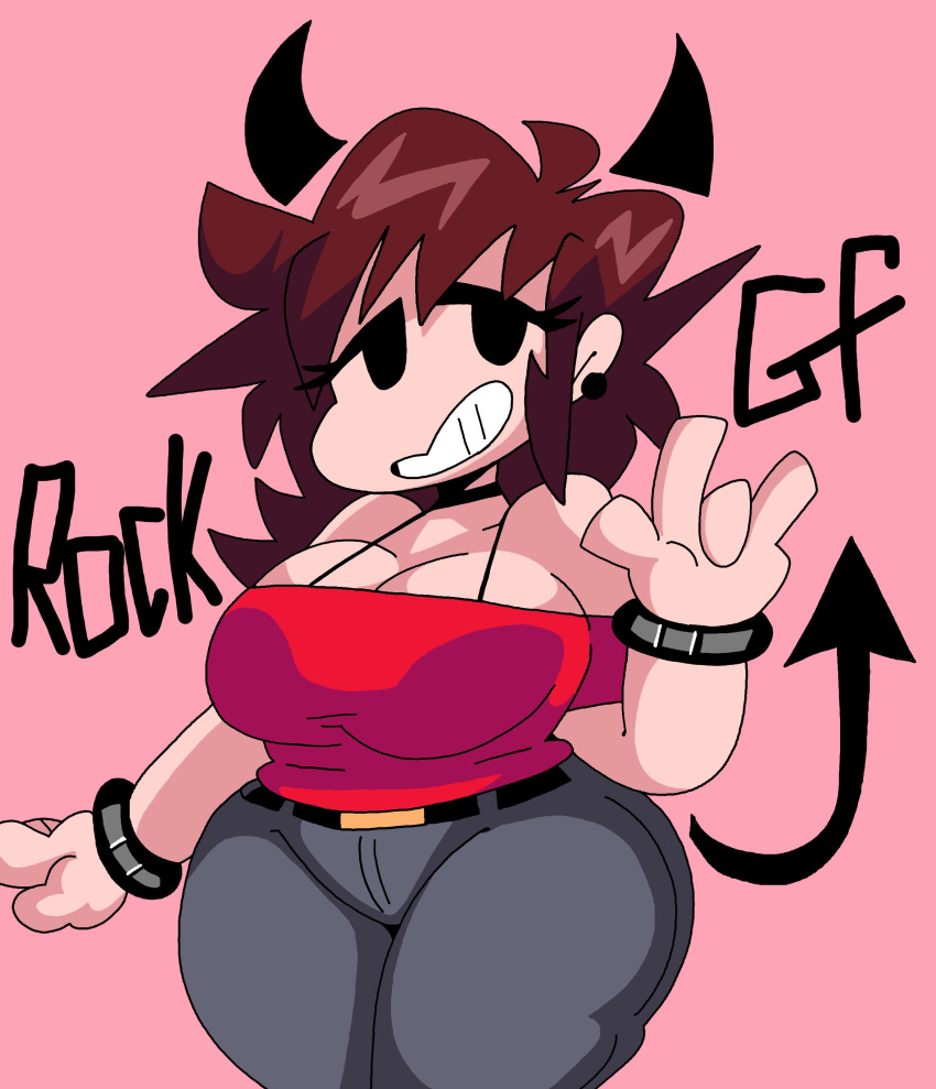 big_breasts big_thighs black_earrings breasts clothed clothed_female clothing demon_girl devil_horns devil_tail dork_boi female female_only friday_night_funkin girlfriend_(friday_night_funkin) lewd_dorky tagme v_sign