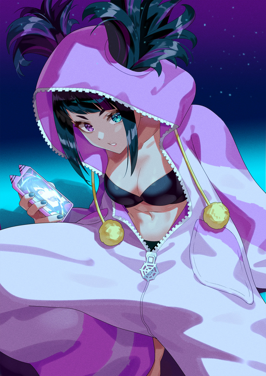 barefoot black_bra black_hair black_panties bra breasts candy capcom cellphone cleavage drill_hair female fingerless_gloves food gloves gradient_background hair_horns hair_through_hood highres holding holding_phone juri_han lollipop looking_at_viewer medium_breasts multicolored_hair navel onesie open_pajamas pajamas panties phone phone_with_ears purple_eyes short_hair smartphone smartphone_case smile solo street_fighter street_fighter_6 tongue underwear yagi2013 zipper