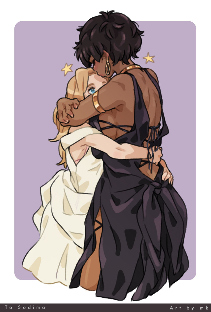 2girls absurdres artist_name back black_dress black_hair blonde_hair blue_eyes borrowed_character cassidy_(xodima) closed_eyes dark-skinned_female dark_skin dress earrings ginika_(xodima) highres hoop_earrings hug interracial jewelry kissing kissing_forehead long_hair mk_(mod0) multiple_girls original purple_background short_hair simple_background star_(symbol) white_dress yuri