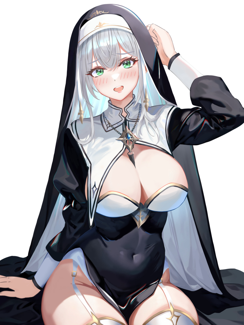 428_(user_uzpe7478) absurdres arm_up between_breasts black_dress black_hat blush breasts cleavage dress female green_eyes grey_hair habit hat highres hololive large_breasts nun official_alternate_costume open_mouth shirogane_noel shirogane_noel_(7th_costume) short_hair smile solo teeth upper_teeth_only virtual_youtuber