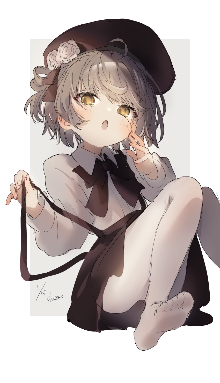 absurdres ahoge beret black_hat black_ribbon black_skirt blush brown_eyes brown_hair collared_shirt commentary dated eyelashes feet feet_out_of_frame female fingernails flower grey_background grey_hair hair_rings half-closed_eyes hands_up hat hat_flower hat_ribbon hatoba_tsugu head_tilt highres knees_together_feet_apart leaning_back long_sleeves looking_to_the_side medium_hair mole mole_under_eye neck_ribbon no_shoes open_mouth outside_border pantyhose puffy_long_sleeves puffy_sleeves raised_eyebrows ribbon sha2mo shadow shirt shirt_tucked_in sidelocks signature simple_background sitting skirt solo strap_pull strap_slip suspender_skirt suspenders suspenders_slip swept_bangs tsugu_(vtuber) upskirt virtual_youtuber white_background white_flower white_pantyhose white_shirt