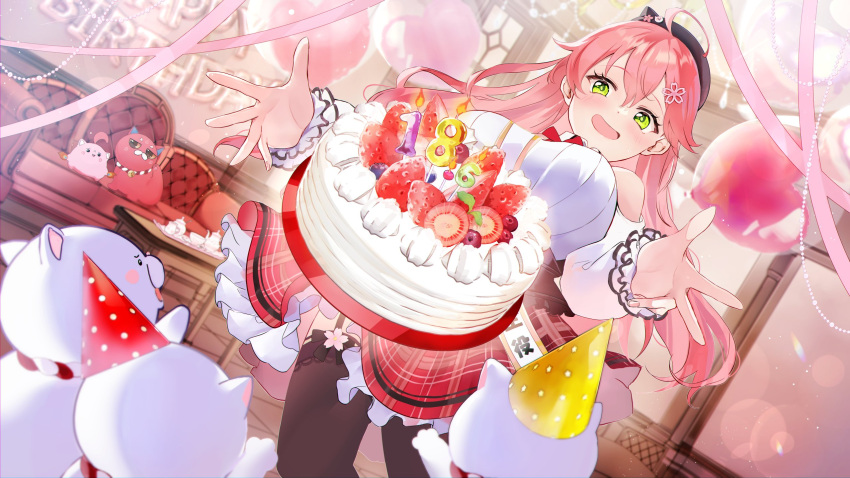 35p_(sakura_miko) ahoge aya02ka balloon beret black_thighhighs blush breasts cake clothing_cutout couch cup female food frilled_sleeves frills gift green_eyes hair_ornament hairclip happy_birthday hat highres hololive indoors kintoki_(sakura_miko) large_breasts long_sleeves maguchi_(sakura_miko) official_alternate_costume palms pink_hair plaid_clothes plaid_skirt sakura_miko sakura_miko_(casual) shirt shoulder_cutout skirt strawberry_shortcake teacup teapot thighhighs virtual_youtuber white_shirt