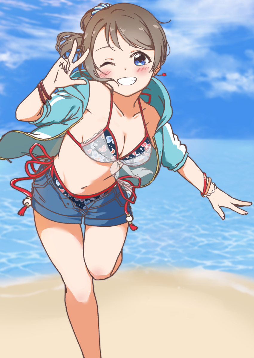 ;d absurdres arm_up beach bikini blue_bikini blue_eyes blue_jacket blue_sky blush breasts brown_hair cleavage commentary_request female foot_out_of_frame grin halterneck highres hood hood_down hooded_jacket jacket leg_up liz_(piyoko_piyop) looking_at_viewer love_live! love_live!_school_idol_festival_all_stars love_live!_sunshine!! medium_breasts navel official_alternate_costume one_eye_closed open_clothes open_jacket short-sleeved_jacket short_hair short_sleeves side-tie_bikini_bottom sky smile solo standing standing_on_one_leg stomach swimsuit w watanabe_you watanabe_you_(since_we're_together_at_the_beach)