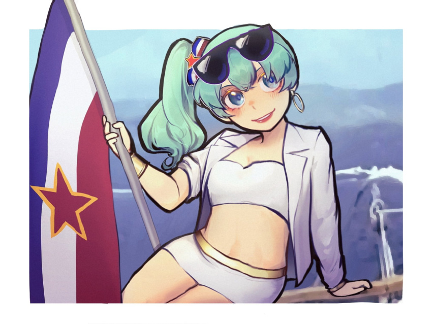 aqua_hair bad_id bad_twitter_id blue_eyes blush border bracelet chen_feng_(slbdofcl) chinese_commentary commentary_request cosplay day earrings eyeshadow eyewear_on_head female flag flag_print gold_bracelet gold_trim hair_ornament hairband hatsune_miku highres holding holding_flag hoop_earrings jacket jewelry lepa_brena lepa_brena_(cosplay) looking_to_the_side lying makeup medium_hair midriff mountainous_horizon on_side one_side_up open_clothes open_jacket open_mouth outdoors outside_border pencil_skirt photo_background print_hairband real_life red_lips revision single_earring skirt sleeve_rolled_up solo star_(symbol) star_hair_ornament strapless sunglasses tube_top vocaloid white_border white_jacket white_skirt white_tube_top worldwide_miku yugoslavia yugoslavian_flag