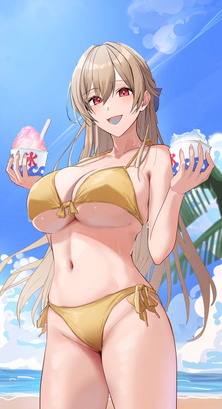 :d absurdres bikini bikini_day blue_sky blush breasts brown_hair cloud collarbone cup day female food front-tie_bikini_top front-tie_top furen_e_lustario hair_between_eyes hands_up highres hikaruyusi holding holding_cup large_breasts long_hair looking_at_viewer navel nijisanji open_mouth red_eyes shaved_ice side-tie_bikini_bottom sky smile solo standing swimsuit thighhighs tongue virtual_youtuber yellow_bikini