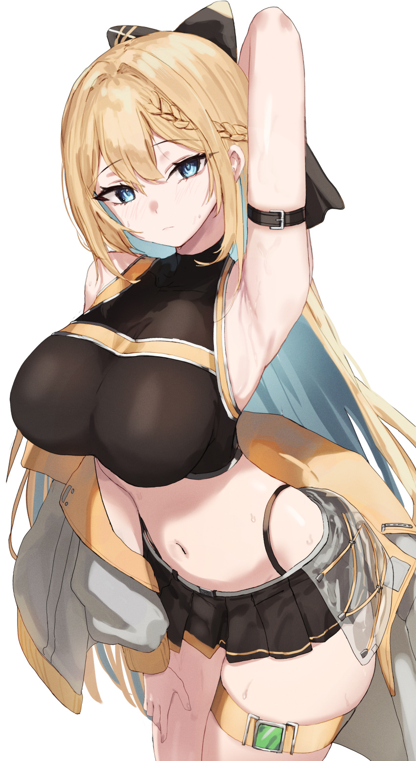 absurdres arm_behind_head arm_belt arm_up armpits bare_shoulders black_shirt black_skirt blonde_hair blue_hair bow braid breasts cleavage closed_mouth colored_inner_hair commission cowboy_shot crop_top expressionless female hairbow hand_on_own_thigh highleg highres jacket krabking large_breasts leaning_forward long_hair looking_at_viewer microskirt midriff multicolored_hair navel off_shoulder original panty_straps pleated_skirt see-through_cleavage see-through_clothes shirt simple_background skirt sleeveless sleeveless_shirt solo sonya_(schan) standing stomach sweat thigh_strap thighs very_long_hair white_background white_jacket