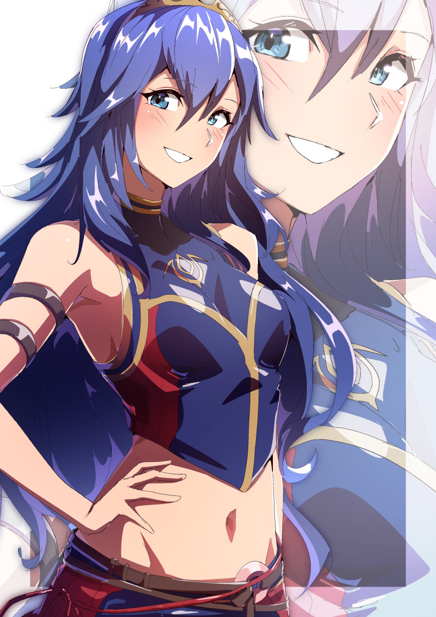 absurdres blue_eyes blue_hair breasts crop_top female fire_emblem fire_emblem_awakening fire_emblem_cipher highres long_hair looking_at_viewer lucina_(fire_emblem) midriff navel official_alternate_costume short_shorts shorts simple_background smile solo swimsuit tiara to_(tototo_tk)