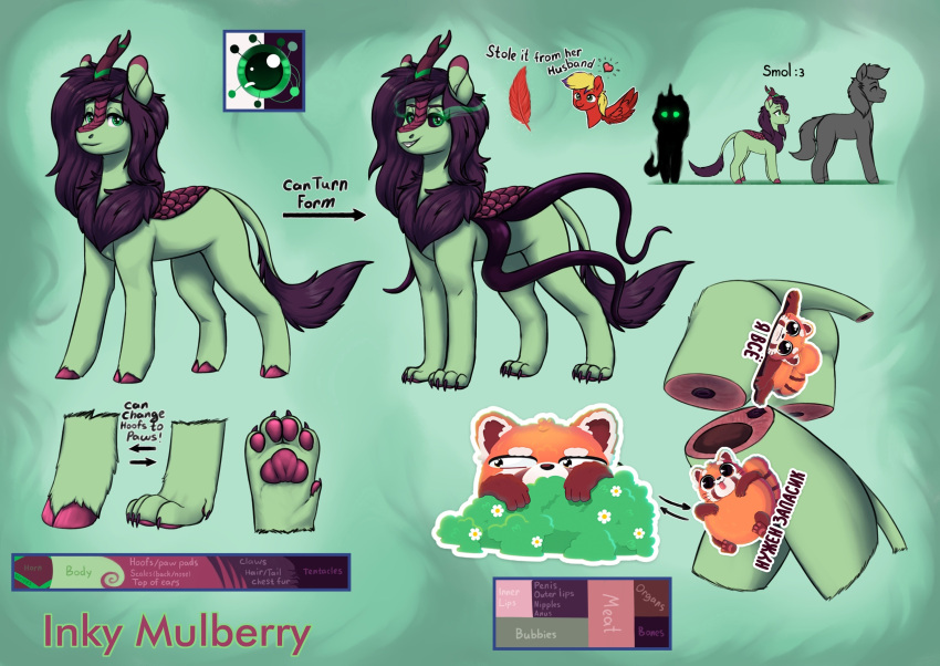 censored female feral green_eyes hasbro hi_res highlights_(coloring) hooves horn inky_mulberry my_little_pony not_a_lil_pesto paws reference_image russian_text solo sticker tail text