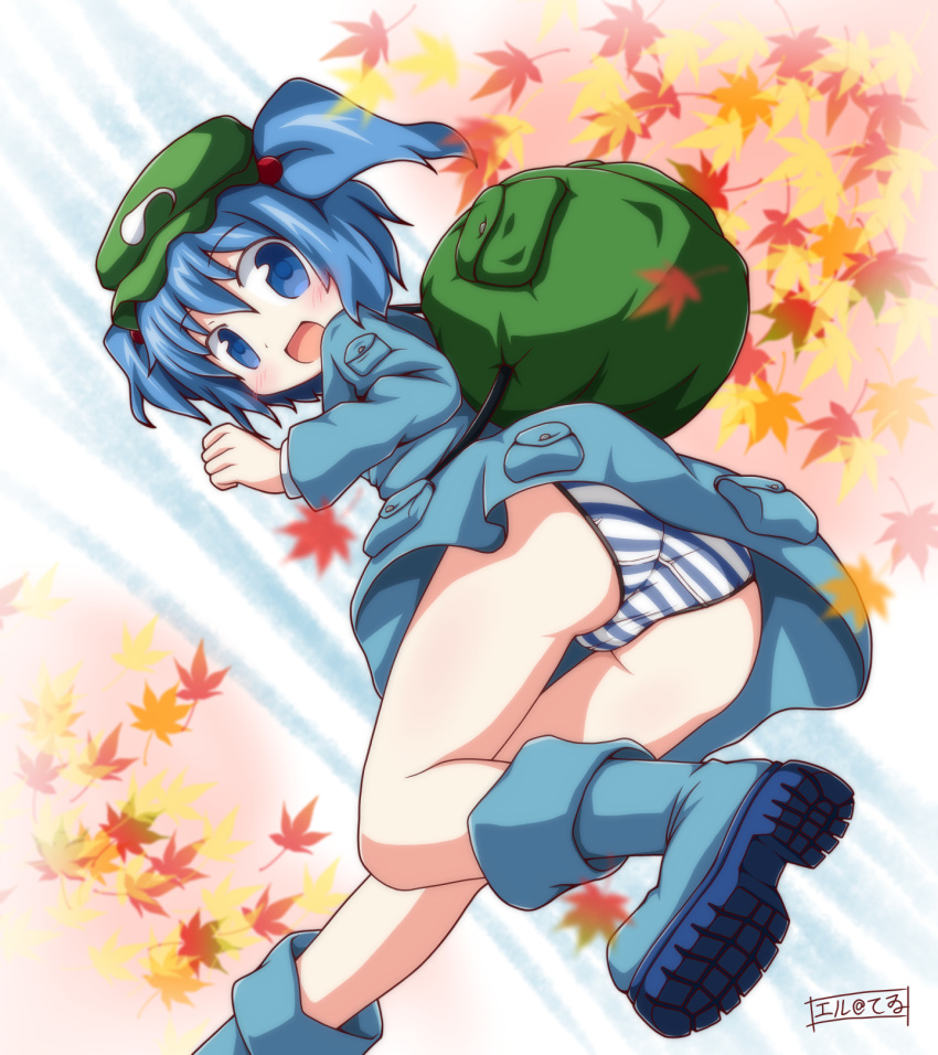 :d ankle_boots artist_name ass autumn_leaves backpack bag blue_eyes blue_footwear blue_hair blue_panties blue_shirt blue_skirt blush boots commentary_request commission curled_fingers el@tewi eyebrows_hidden_by_hair feet_out_of_frame female flat_cap from_below green_bag green_hat hand_up hat highres hitodama_print kawashiro_nitori leaning_forward long_sleeves looking_at_viewer panties pantyshot pixiv_commission pocket rubber_boots shirt skirt skirt_pocket smile solo striped_clothes striped_panties thighs touhou two_side_up underwear upskirt walking water waterfall