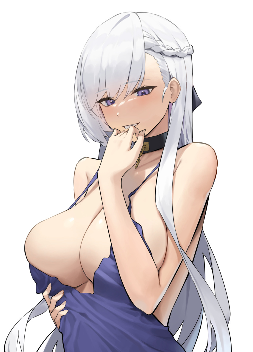 absurdres alternate_costume azur_lane bare_arms belfast_(azur_lane) blue_dress blue_eyes blush breasts cleavage commentary dress female grabbing_own_breast half_up_braid highres large_breasts long_hair looking_at_viewer lordol simple_background smile solo white_background white_hair