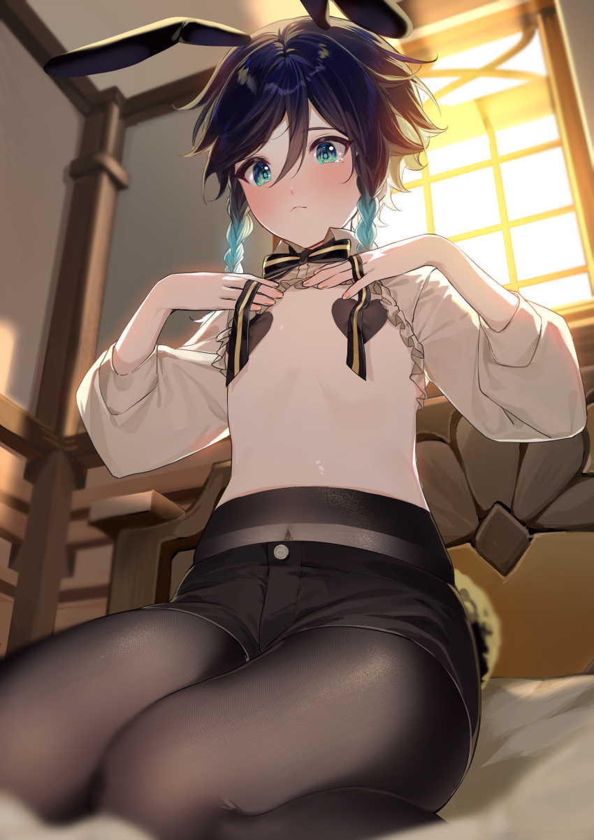 1boy absurdres animal_ears aqua_eyes aqua_hair black_bow black_bowtie black_hair black_pantyhose black_ribbon black_shorts blush bow bowtie braid censored censored_nipples clothes_lift genshin_impact heart_pasties highres kkopoli male_focus midriff multicolored_hair navel otoko_no_ko pantyhose pantyhose_under_shorts pasties rabbit_ears ribbon shirt shirt_lift shorts solo stomach twin_braids venti_(genshin_impact) white_shirt