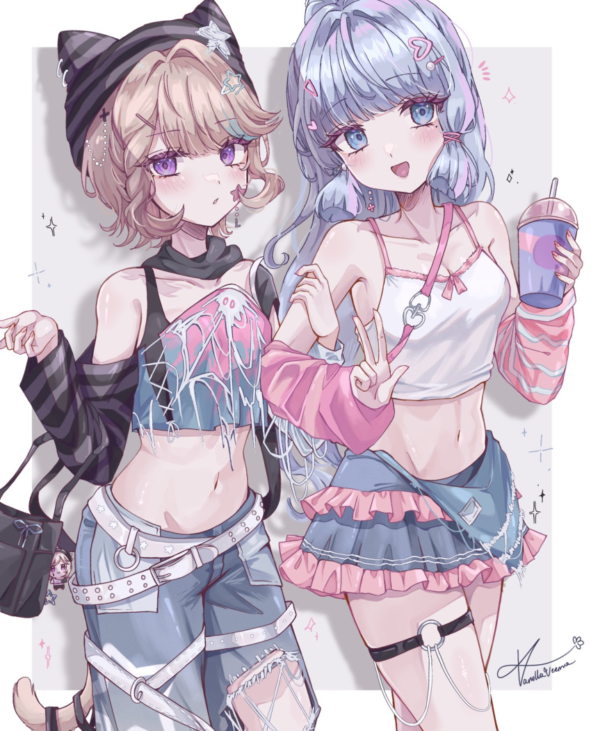 2girls :d alternate_costume bag bare_shoulders belt black_bag black_hat black_sleeves blue_eyes blue_hair blue_pants blue_skirt blush breasts cat_tail cleavage collarbone commentary crop_top cup detached_sleeves disposable_cup english_commentary facial_mark fingernails genshin_impact hair_ornament hairpin hand_on_another's_arm hand_up hat highres holding holding_cup kamisato_ayaka light_blue_hair light_brown_hair long_hair looking_at_viewer lynette_(genshin_impact) medium_breasts medium_hair midriff multiple_girls multiple_hairpins navel o-ring o-ring_thigh_strap pants pink_sleeves purple_eyes shoulder_bag signature single_bare_shoulder skirt smile star_(symbol) star_facial_mark tail thigh_strap vanillashiii very_long_hair w white_belt