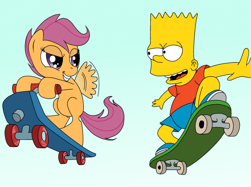 bart_simpson blue_clothing blue_footwear clothing crossover duo equid equine female footwear friendship_is_magic hair hasbro hi_res horse human lowersimh male male/female mammal my_little_pony mythological_creature mythological_equine mythology pegasus pony purple_eyes purple_hair scootaloo_(mlp) skateboard the_simpsons vehicle wings yellow_body yellow_skin