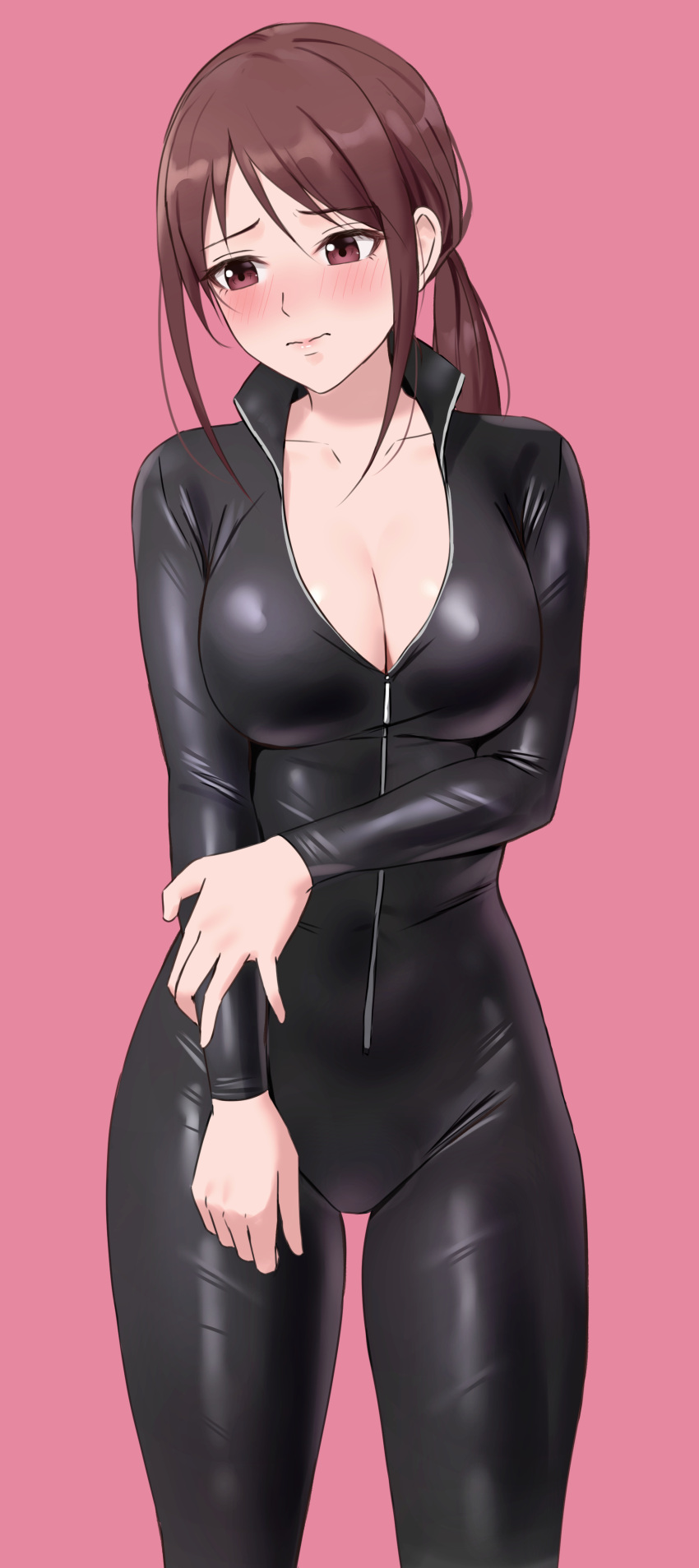 absurdres amayo_thranana black_bodysuit blush bodysuit breasts brown_eyes brown_hair cleavage closed_mouth cowboy_shot female highres idolmaster idolmaster_cinderella_girls large_breasts long_hair long_sleeves mifune_miyu pink_background ponytail simple_background skin_tight solo standing