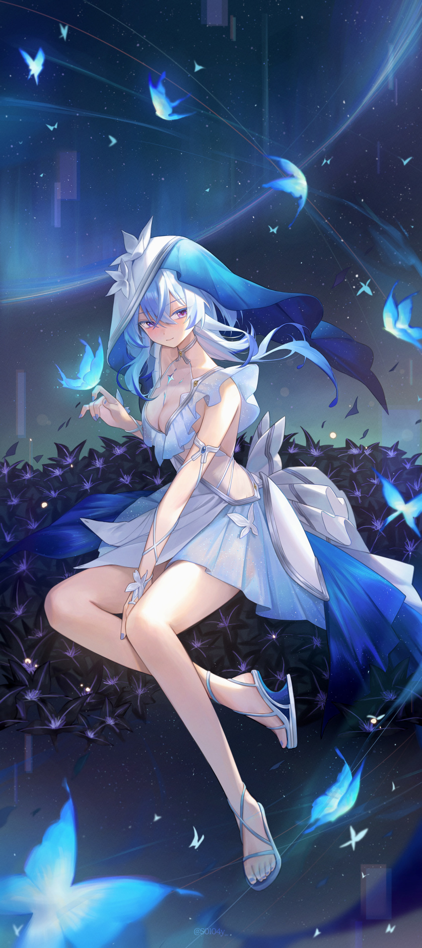 absurdres armlet bare_legs black_flower blake_bloom_(wuthering_waves) blue_butterfly blue_hair blue_nails blue_veil blush breasts bug butterfly butterfly_on_hand closed_mouth collarbone colored_eyelashes commentary dress feet female field flower flower_field full_body hair_between_eyes hand_up heel-less_heels highres jewelry large_breasts legs long_hair looking_at_viewer nail_polish night night_sky outdoors purple_eyes s0104y sandals sitting sky sleeveless sleeveless_dress smile solo the_shorekeeper_(wuthering_waves) toenail_polish toenails toes twitter_username two-tone_veil veil white_dress white_veil wuthering_waves