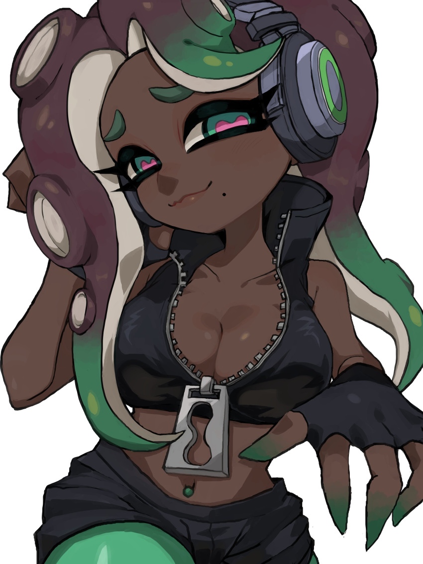 :3 absurdres aqua_eyes aqua_hair aqua_pantyhose bare_shoulders black_gloves black_shirt black_shorts breasts brown_hair cephalopod_eyes cleavage closed_mouth collarbone crop_top dark-skinned_female dark_skin female fingerless_gloves furrowed_brow gloves gradient_hair hand_on_headphones headphones highres horizontal_pupils ikachan_pochan large_breasts long_hair looking_at_viewer marina_(splatoon) midriff mole mole_under_mouth multicolored_hair navel_piercing octoling outstretched_arm pantyhose pantyhose_under_shorts parted_bangs piercing pink_pupils reaching reaching_towards_viewer shirt shorts simple_background smile solo splatoon_(series) splatoon_2 suction_cups tentacle_hair two-tone_hair white_background zipper zipper_pull_tab