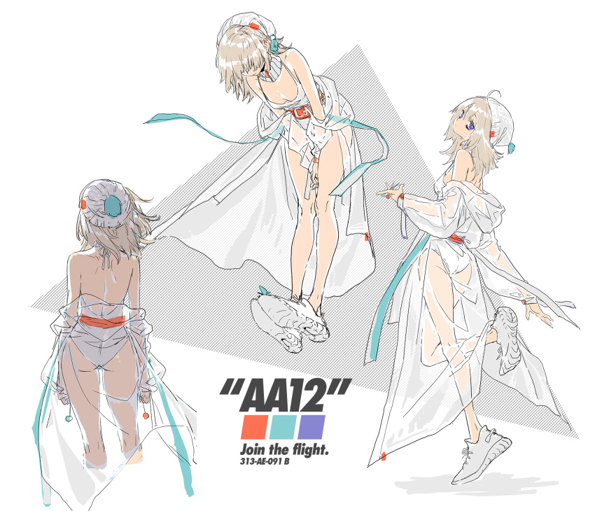 aa-12_(girls'_frontline) ahoge belt breasts bright_pupils casual_one-piece_swimsuit character_name cleavage closed_mouth coat english_text female girls'_frontline grey_hair highres holding_sewing_needle long_sleeves multiple_views one-piece_swimsuit red_belt see-through see-through_coat shoes short_hair silverwing sneakers swimsuit triangle white_background white_footwear white_headwear white_one-piece_swimsuit white_pupils