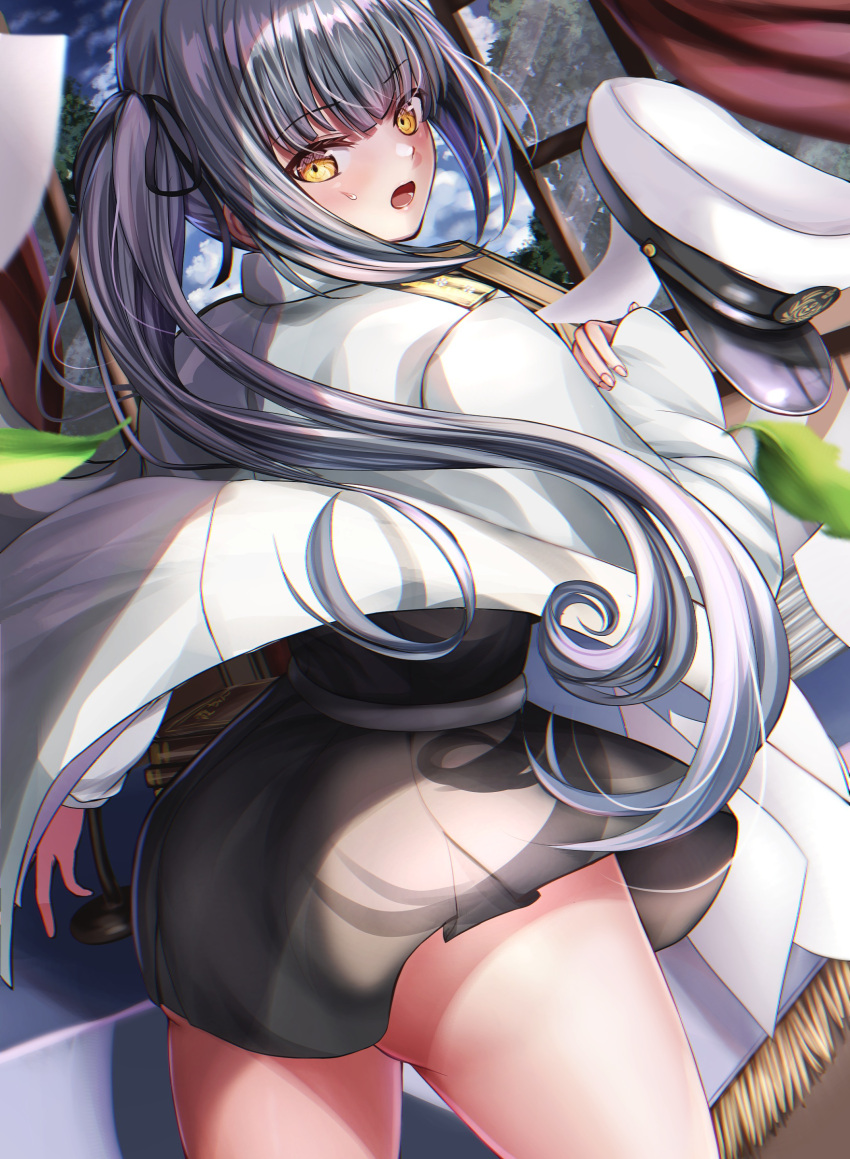 absurdres admiral_(kancolle) admiral_(kancolle)_(cosplay) ass black_dress black_ribbon blush cosplay cowboy_shot dress female grey_hair hair_ribbon hat highres kantai_collection kasumi_(kancolle) kasumi_kai_ni_(kancolle) long_hair long_sleeves looking_back military military_uniform naval_uniform open_mouth peaked_cap pinafore_dress ribbon sabakuomoto side_ponytail sleeveless sleeveless_dress solo uniform white_hat yellow_eyes