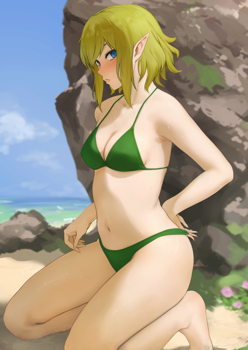 bare_arms bare_legs bare_shoulders barefoot beach bikini blonde_hair blue_eyes blue_sky blush breasts cleavage collarbone day dungeon_ni_deai_wo_motomeru_no_wa_machigatteiru_darou_ka feet female full_body gobi_(jtnyrwbkohiqsuldg) green_bikini highres kneeling legs medium_breasts navel outdoors parted_lips pointy_ears rock ryu_lion short_hair sky solo swimsuit toes