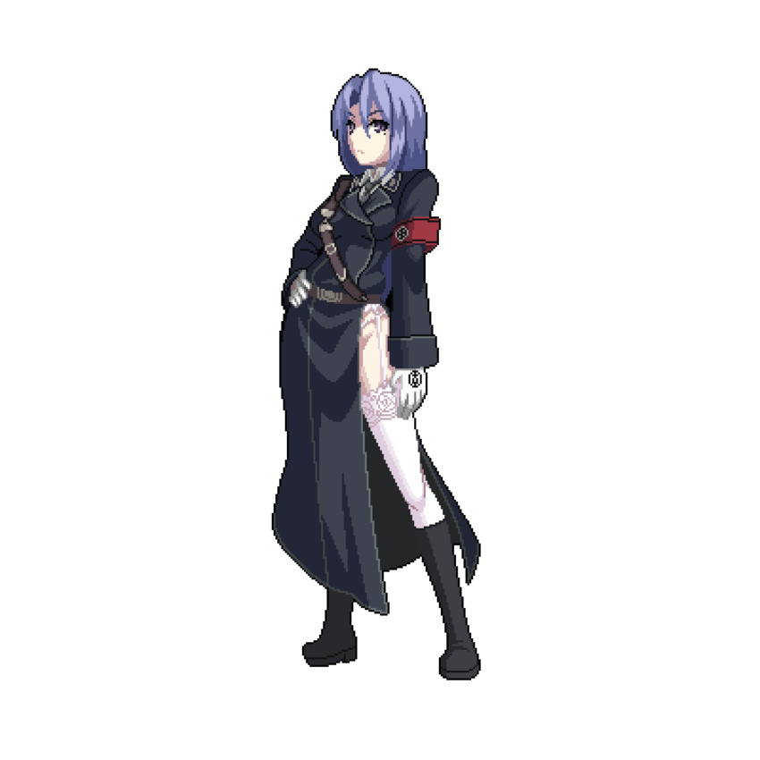 armband bad_id bad_twitter_id belt black_footwear boots closed_mouth dies_irae female garter_straps gloves grey_necktie hand_on_own_hip highres light_purple_hair mole mole_under_eye myth_konoh necktie outline pixel_art purple_eyes red_armband riza_brenner shinza_bansho_series solo standing thighhighs transparent_background uniform white_gloves white_outline white_thighhighs