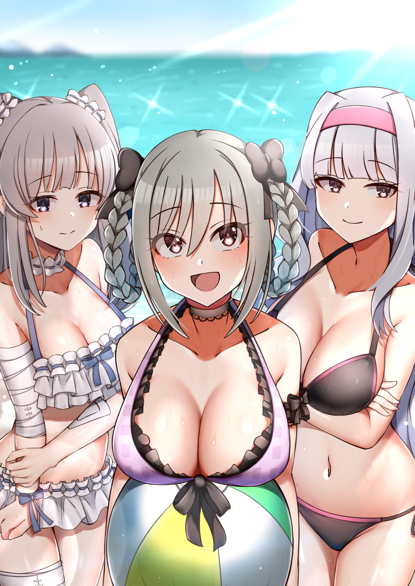 3girls :d absurdres ball bandaged_arm bandaged_leg bandages bare_shoulders beachball bikini black_bikini black_bow blue_sky blush bow braid breast_rest breasts cleavage collarbone crossed_arms day hairband hairbow highres idolmaster idolmaster_(classic) idolmaster_cinderella_girls idolmaster_shiny_colors kanzaki_ranko large_breasts looking_at_viewer mabanna medium_breasts midriff multiple_girls navel ocean outdoors purple_bikini purple_eyes purple_hairband red_eyes shijou_takane sidelocks sky smile sparkle sunlight sweatdrop swimsuit twin_braids twintails white_bikini yukoku_kiriko