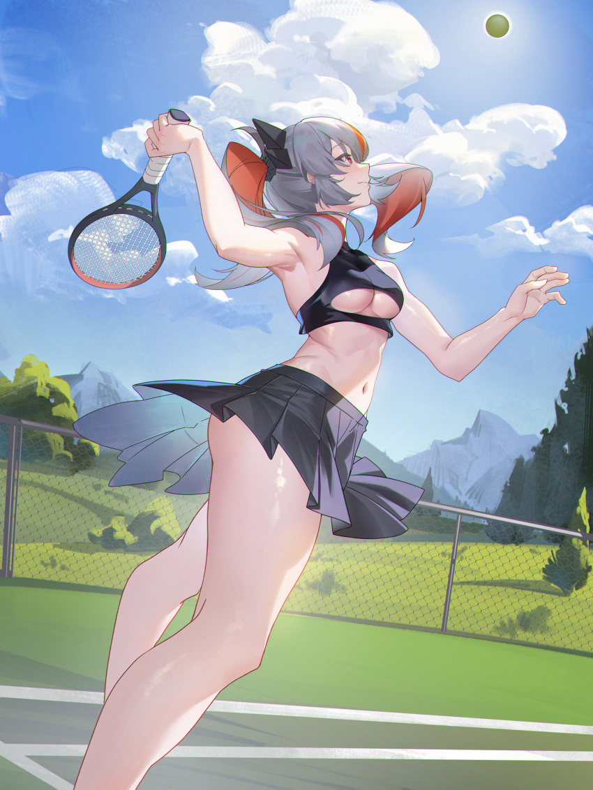 absurdres alternate_costume armpits ass azur_lane ball black_skirt blue_sky breasts cloud cloudy_sky day feet_out_of_frame female from_side grey_hair highres holding_tennis_racket jiangshuai_mengenze jumping medium_breasts midriff miniskirt mountain multicolored_hair navel net otto_von_alvensleben_(azur_lane) outdoors pleated_skirt racket red_eyes red_hair shiny_skin skirt sky sleeveless solo sportswear streaked_hair tennis_ball tennis_court tennis_racket tennis_uniform two-tone_hair underboob