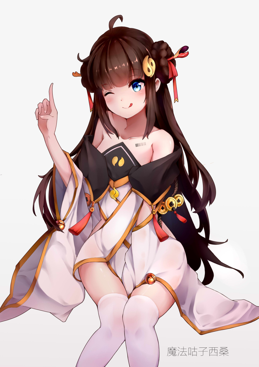 absurdres antenna_hair bare_shoulders blue_eyes book_of_fuxi brown_hair chinese_clothes closed_mouth female hair_between_eyes hair_ornament highres honkai_(series) honkai_impact_3rd invisible_chair long_hair long_sleeves mofa_gu_zi_xi_sang_jiang one_eye_closed simple_background sitting smile solo thighhighs thighs tongue tongue_out white_thighhighs