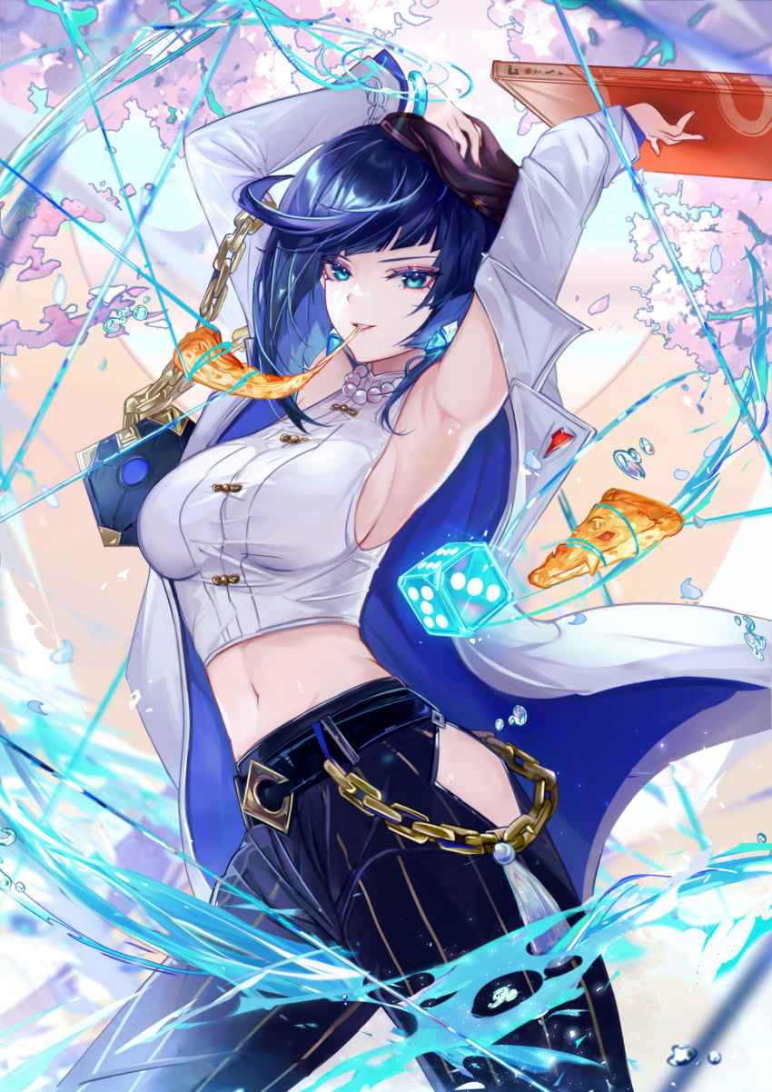 alternate_costume armpits arms_up bead_necklace beads belt blue_eyes blue_hair blue_pants box bracelet breasts chains cleavage crop_top eating female food food_in_mouth genshin_impact highres hip_vent holding holding_box holding_food holding_pizza jacket jewelry large_breasts looking_at_viewer midriff navel necklace pants parted_lips pizza pizza_box pizza_slice shirt short_hair sleeveless sleeveless_shirt solo tassel vardan water white_jacket white_shirt yelan_(genshin_impact) yelan_(pizza_hut)_(genshin_impact)