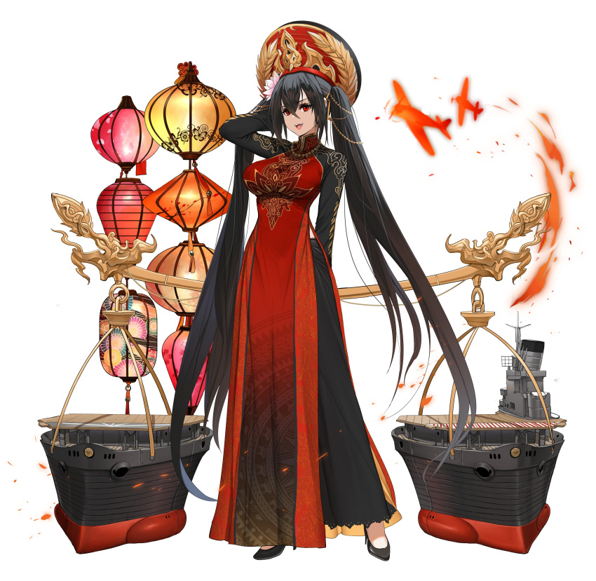 absurdres arm_up azur_lane black_footwear black_hair black_pants blurry breasts carrying_pole dishwasher1910 female flower full_body hair_between_eyes hair_flower hair_ornament hat high_heels highres jewelry lace_trim lantern long_hair long_sleeves lotus medium_breasts necklace open_mouth pants paper_lantern pelvic_curtain red_eyes sidelocks smile standing taihou_(azur_lane) very_long_hair vietnamese_dress white_background