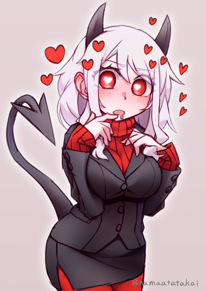 black_jacket black_skirt black_suit blush breasts demon_girl demon_horns demon_tail eyelashes female formal grey_background hair_between_eyes heart heart-shaped_pupils helltaker highres horns jacket large_breasts medium_hair modeus_(helltaker) namaata open_mouth pantyhose pencil_skirt red_eyes red_pantyhose red_sweater ribbed_sweater sidelocks simple_background skirt solo suit sweater symbol-shaped_pupils tail turtleneck turtleneck_sweater twitter_username white_hair