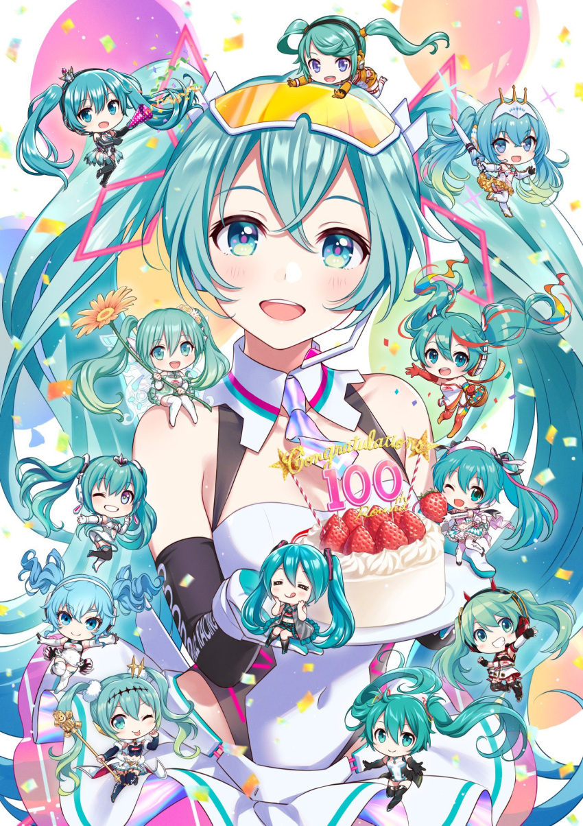 6+girls :d :q ;d ;p =_= aqua_eyes aqua_hair balloon bare_shoulders basket black_gloves breasts butterfly_wings cake chibi cleavage clothes_writing commentary confetti covered_navel cowboy_shot cream crown elbow_gloves everyone fingerless_gloves flower food fruit gloves goggles goggles_on_head goodsmile_racing grin hands_on_own_cheeks hands_on_own_face hatsune_miku headset highres holding holding_flower holding_plate holding_staff insect_wings lance leotard long_hair looking_at_viewer miniskirt morikura_en multicolored_hair multiple_girls multiple_persona necktie official_art on_head one_eye_closed open_mouth orange_flower party_popper pink_necktie plate polearm purple_eyes race_queen racing_miku racing_miku_(2009) racing_miku_(2010) racing_miku_(2011) racing_miku_(2012) racing_miku_(2013) racing_miku_(2014) racing_miku_(2015) racing_miku_(2016) racing_miku_(2017) racing_miku_(2018) racing_miku_(2019) racing_miku_(2020) racing_miku_(2021) red_gloves red_hair red_legwear simple_background skirt small_breasts smile staff star_(symbol) strawberry streaked_hair swept_bangs thighhighs tiara tinted_eyewear tongue tongue_out twintails two-tone_hair very_long_hair vocaloid waving weapon white_background white_gloves white_legwear white_leotard white_skirt wings yellow-tinted_eyewear