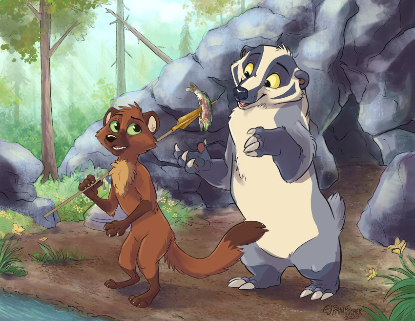 2020 anthro badger black_nose brown_body brown_fur cave detailed_background duo egg_(oren's_forge) featureless_crotch flower fur grass green_eyes grey_body grey_fur gulonine head_tuft hi_res holding_object holding_weapon mammal marten melee_weapon mustelid musteline nude oren's_forge outside pine_marten plant polearm rask_(oren's_forge) rock signature sophiecabra spear standing tree tuft water weapon