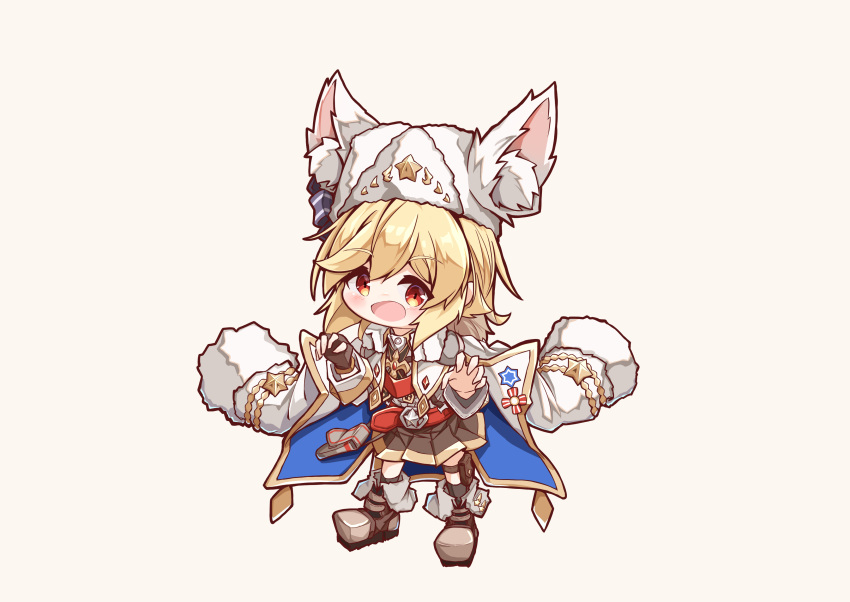 absurdres animal_ear_fluff animal_ears animal_hat bad_id bad_pixiv_id belt black_socks blonde_hair blush boots brown_background brown_footwear brown_gloves brown_skirt chibi claw_pose commentary_request fake_animal_ears female fingerless_gloves full_body fur-trimmed_sleeves fur_hat fur_trim girls'_frontline gloves hair_between_eyes hat highres jacket jacket_on_shoulders kneehighs long_hair long_sleeves looking_at_viewer matsuo_(matuonoie) nagant_revolver_(girls'_frontline) nagant_revolver_(mod3)_(girls'_frontline) open_mouth pleated_skirt red_belt red_eyes shirt simple_background single_glove skirt socks solo standing star_(symbol) striped white_hat white_jacket white_shirt