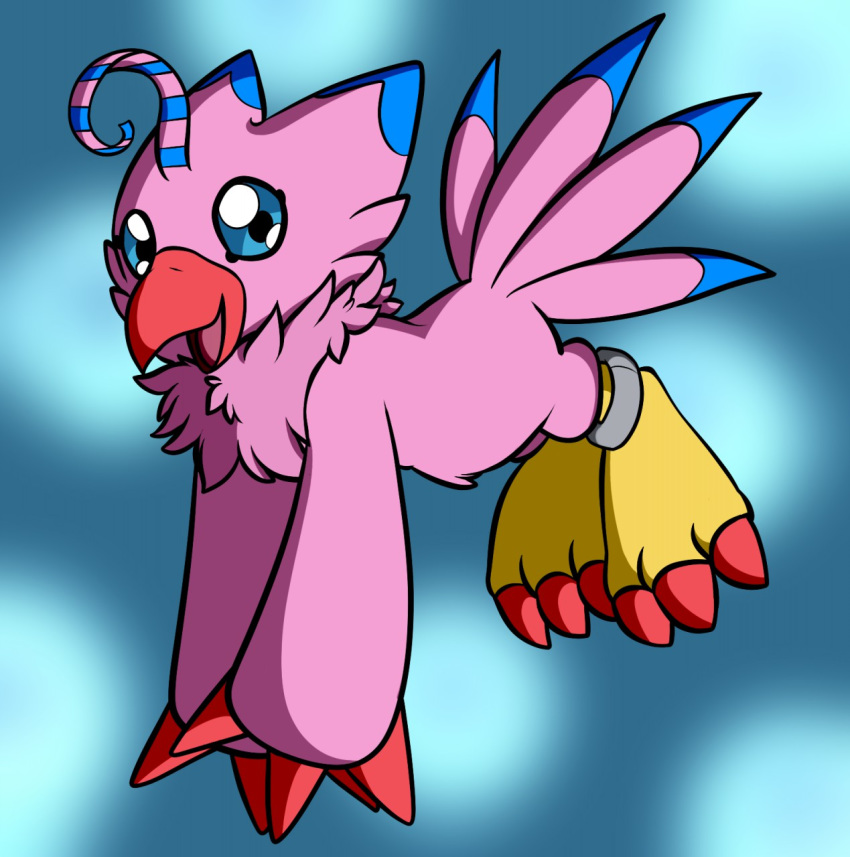 3_toes ambiguous_gender avian bandai_namco beak bird biyomon blue_eyes blue_markings claws crisstail digimon digimon_(species) feathers feet feral flying happy hi_res markings open_beak open_mouth pink_body pink_feathers red_claws ring smile solo tail tail_feathers toe_claws toes tuft