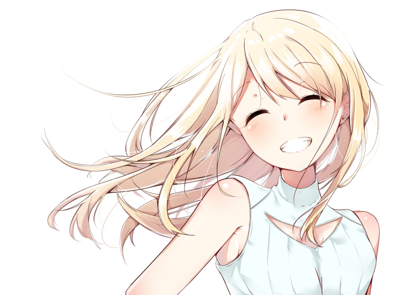 ^_^ bare_shoulders blonde_hair cac_itinose chiyuki_fujito closed_eyes commentary_request facing_viewer female grin highres long_hair runway_de_waratte shirt simple_background sleeveless sleeveless_shirt smile solo upper_body white_background white_shirt