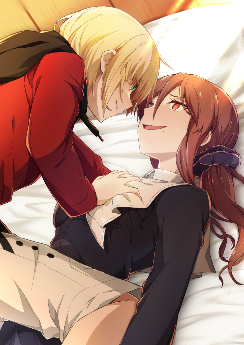 1boy absurdres azami_masurao blonde_hair brown_eyes brown_hair commentary_request female grabbing grabbing_another's_breast green_eyes grin hair_ornament hair_scrunchie highres hood hoodie long_hair mario_gallo_bestino mole mole_under_mouth noel_(tsukihime) nun on_bed red_hoodie scrunchie shorts side_ponytail smile straight sweat traditional_nun tsukihime tsukihime_(remake) white_shorts