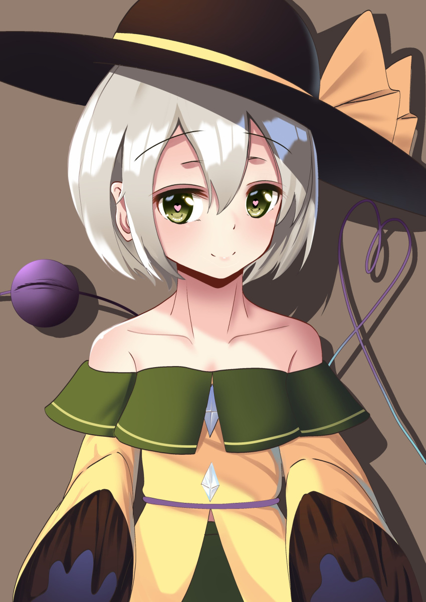 absurdres bare_shoulders black_hat blouse blush brown_background buttons closed_mouth collarbone commentary_request crystal female frills green_eyes green_skirt grey_hair hair_between_eyes hands_up hat hat_ribbon heart heart-shaped_pupils heart_of_string highres jewelry komeiji_koishi long_sleeves looking_at_viewer mantou_xiang off_shoulder ribbon shadow shirt short_hair simple_background skirt smile solo standing symbol-shaped_pupils third_eye touhou wide_sleeves yellow_ribbon yellow_shirt