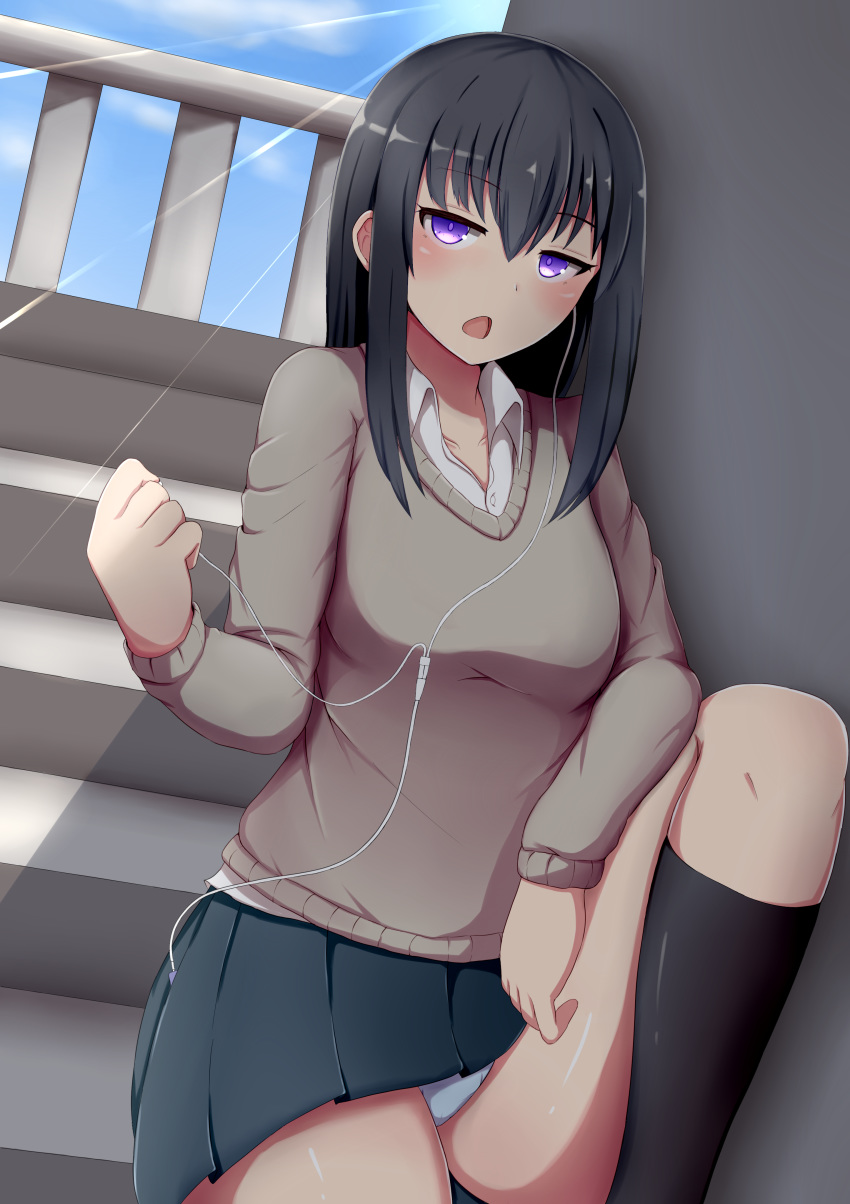 absurdres black_hair blue_panties blue_sky breasts collarbone earphones female hair_between_eyes highres kneehighs long_hair long_sleeves looking_at_viewer medium_breasts open_mouth original panties pleated_skirt purple_eyes raichi_(ddq0246) school_uniform shirt sidelocks sitting skirt sky socks stairs sunlight underwear uniform wall