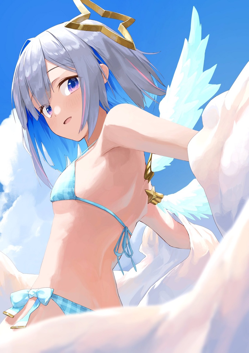 amane_kanata angel angel_wings bikini blue_bikini blue_eyes blue_hair blue_sky blue_wings blush bob_cut breasts cloud colored_inner_hair commentary cowboy_shot day eyes_visible_through_hair female grey_hair halo halterneck highres hololive looking_at_viewer looking_back makimaki_makky7 multicolored_hair open_mouth pink_hair plaid plaid_bikini short_hair side-tie_bikini_bottom single_hair_intake sky small_breasts smile solo star_halo streaked_hair string_bikini swimsuit virtual_youtuber wings