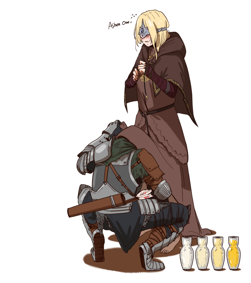 1boy absurdres armor armored_boots arrow_(projectile) ashen_one_(dark_souls_3) barefoot blindfold blonde_hair blush boots brown_dress brown_skirt capelet character_name crown dark_souls_(series) dark_souls_iii dress drinking_pee elbow_pads enpera estus_flask female fire_keeper flying_sweatdrops full_armor gauntlets highres hood hood_down hooded_capelet huqu korean_commentary long_skirt long_sleeves quiver simple_background skirt straight tiptoes under_skirt urine white_background