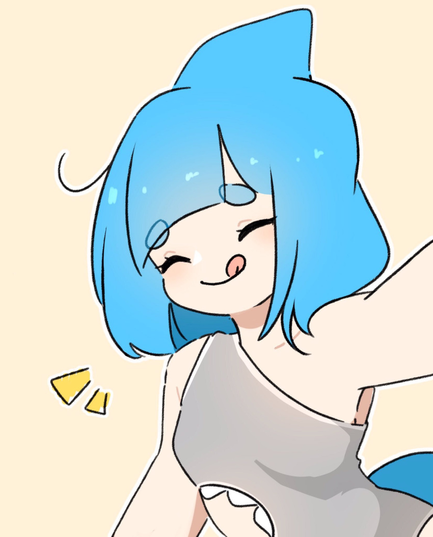 blue_hair blunt_bangs closed_eyes female fins fish_tail grey_one-piece_swimsuit highres lemyawn medium_hair one-piece_swimsuit original shark_fin shark_tail sharkini simple_background smile solo swimsuit tail tongue tongue_out tori_(lemyawn) upper_body yellow_background