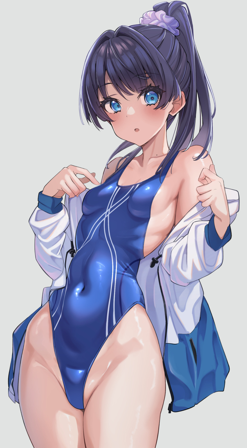 absurdres black_hair blue_eyes blue_one-piece_swimsuit blush breasts commentary competition_swimsuit covered_navel cowboy_shot female hair_ornament hair_scrunchie highleg highleg_swimsuit highres impossible_clothes impossible_swimsuit jacket link!_like!_love_live! love_live! murano_sayaka off_shoulder one-piece_swimsuit open_clothes open_jacket ponytail scrunchie simple_background small_breasts swimsuit zibun_owl