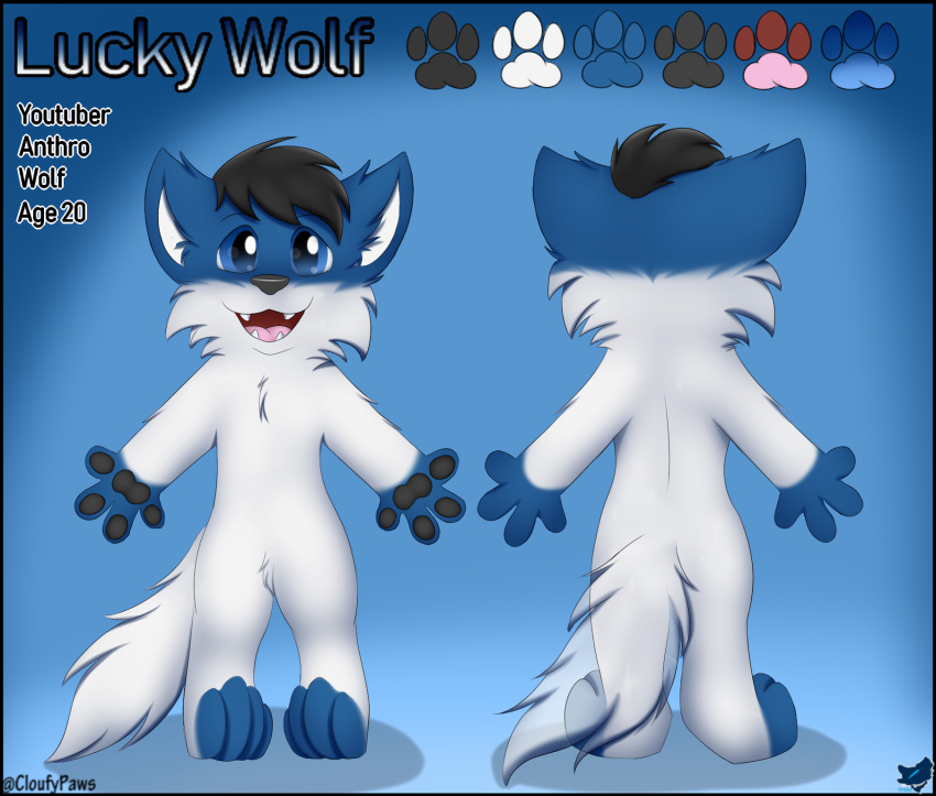 anthro black_border border canid canine canis cloufy color_swatch hi_res lucky_wolf male mammal model_sheet smile solo wolf