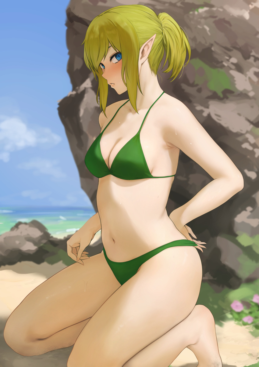 bare_arms bare_legs bare_shoulders barefoot beach bikini blonde_hair blue_eyes blue_sky blush breasts cleavage collarbone day dungeon_ni_deai_wo_motomeru_no_wa_machigatteiru_darou_ka feet female full_body gobi_(jtnyrwbkohiqsuldg) green_bikini highres kneeling legs medium_breasts navel outdoors parted_lips pointy_ears rock ryu_lion short_hair short_ponytail sky solo swimsuit toes