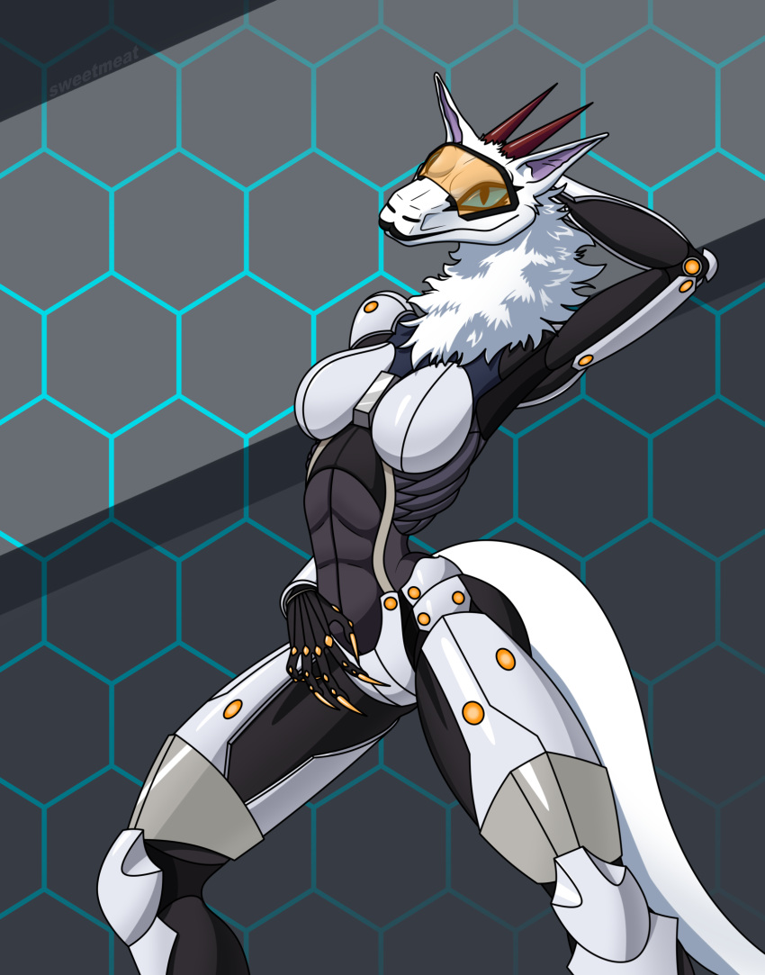 anthro biped black_lips blue_eyes clothing colored_nails costume cybernetics cyborg female fur futuristic futuristic_suit hi_res lips machine nails simple_background solo sweetmeat synx white_body