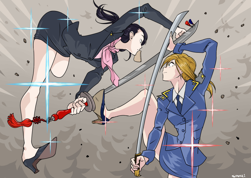 2girls absurdres arm_up ascot battle black_eyes black_footwear black_hair blonde_hair blue_footwear blue_neckwear bread bread_slice closed_mouth commentary english_commentary food food_in_mouth high_heels highres holding holding_sword holding_weapon kill_la_kill kim_yo-jong leg_up long_hair looking_at_another meme mouth_hold multiple_girls natalia_poklonskaya north_korea parody pink_ascot real_life shukeiart signature skirt smoke sparkle sword toast toast_in_mouth weapon