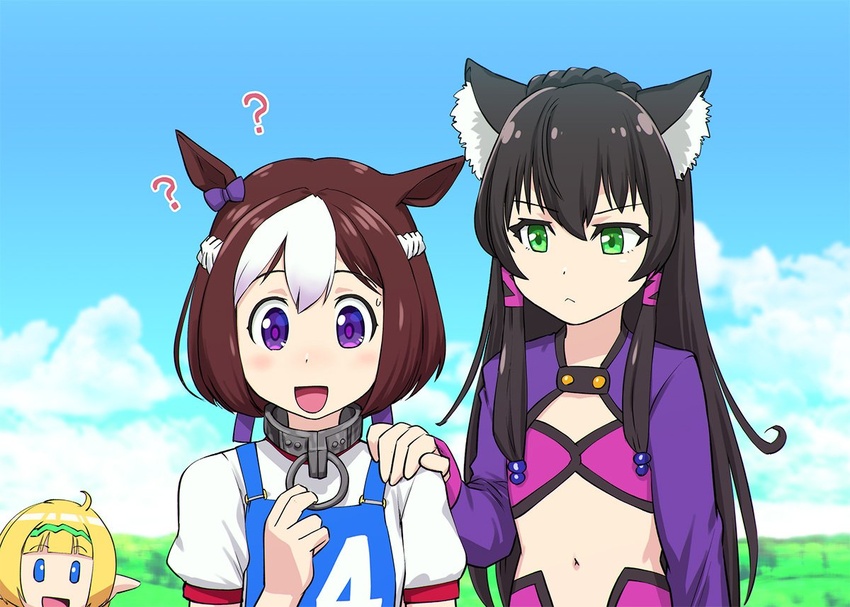 3girls :< :d ? animal_ear_fluff animal_ears blonde_hair blue_eyes blue_sky blush braid breasts brown_hair cat_ears cloud collar commentary crossover crown_braid hair_between_eyes hand_on_another's_shoulder horse_ears horse_girl isekai_maou_to_shoukan_shoujo_no_dorei_majutsu long_hair metal_collar multicolored_hair multiple_girls open_mouth purple_eyes rem_galeu shera_l._greenwood short_hair sky smile special_week_(umamusume) sweatdrop two-tone_hair ueyama_michirou umamusume voice_actor_connection waki_azumi white_hair